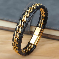 Gold-Plated Genuine Leather Chain Bracelet