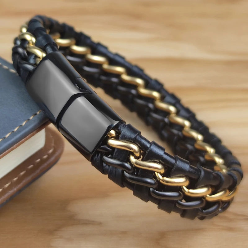 Gold-Plated Genuine Leather Chain Bracelet