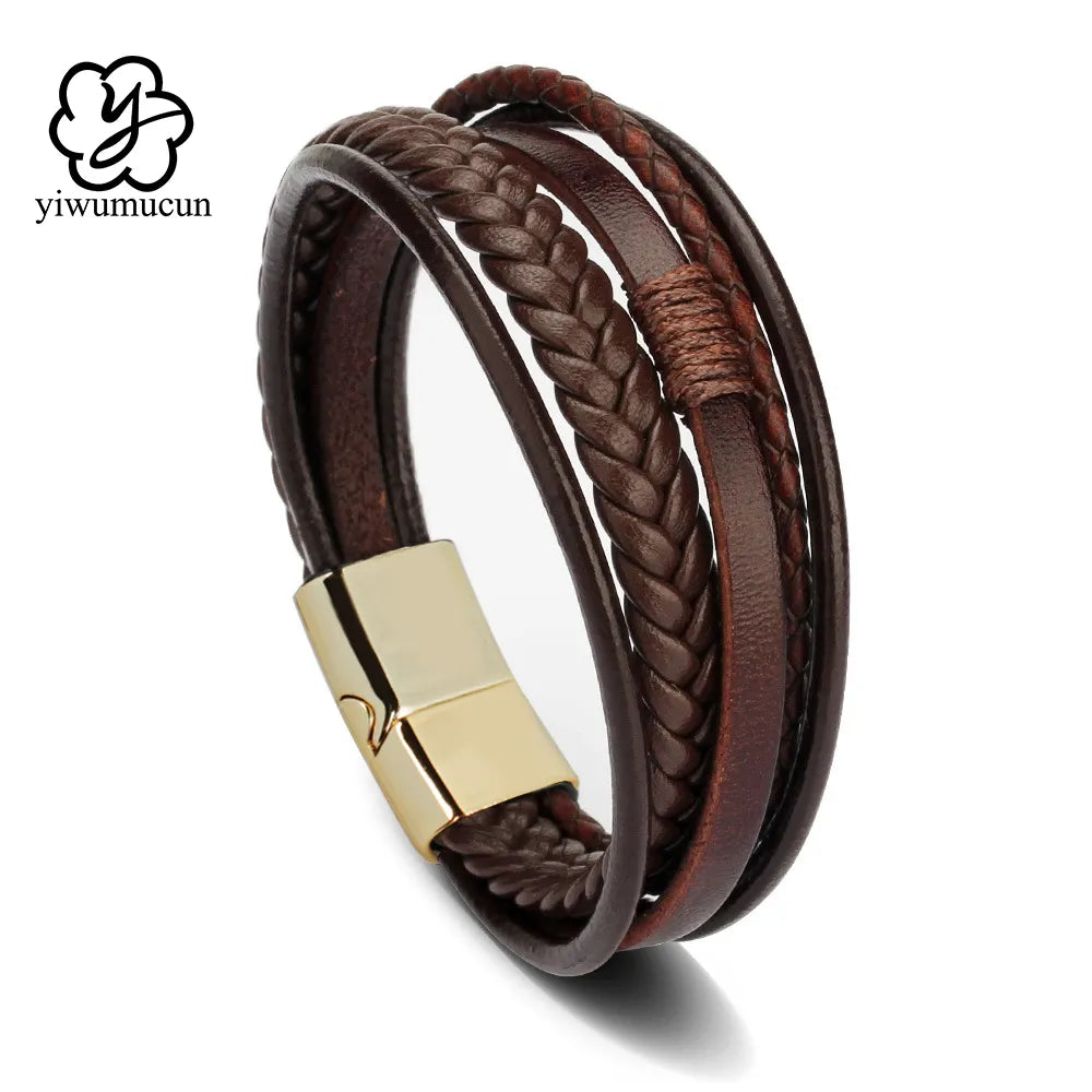 Multilayer Braided Leather and Stainless Steel Bracelet