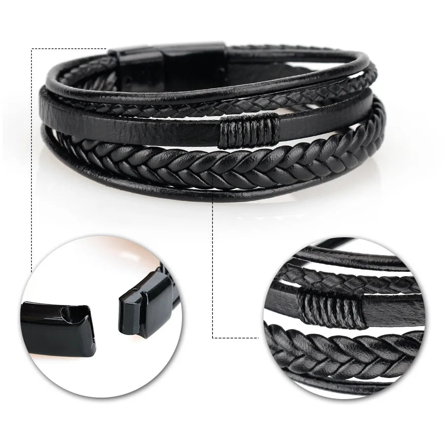 Multilayer Braided Leather and Stainless Steel Bracelet