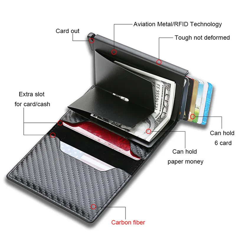 Carbon Fiber Slim Aluminum RFID Wallet - Automatic Pop-Up Card Holder