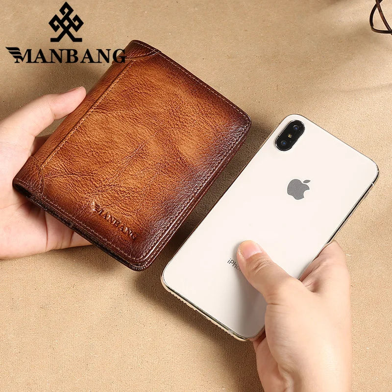 Manbang RFID Genuine Leather Trifold Wallet - Stylish & Secure