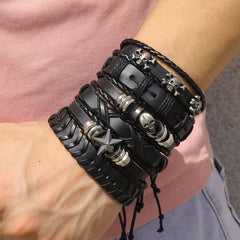 Viking Skull Hand Woven Leather Bracelet Set