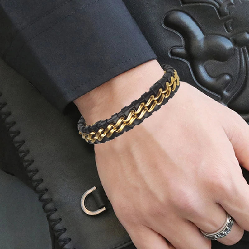 Gold-Plated Genuine Leather Chain Bracelet