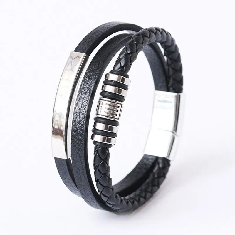 Multilayer Braided Leather and Stainless Steel Bracelet