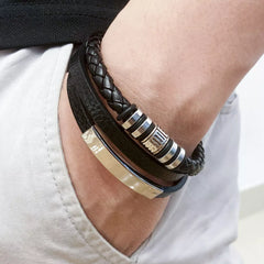 Multilayer Braided Leather and Stainless Steel Bracelet