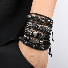 Viking Skull Hand Woven Leather Bracelet Set